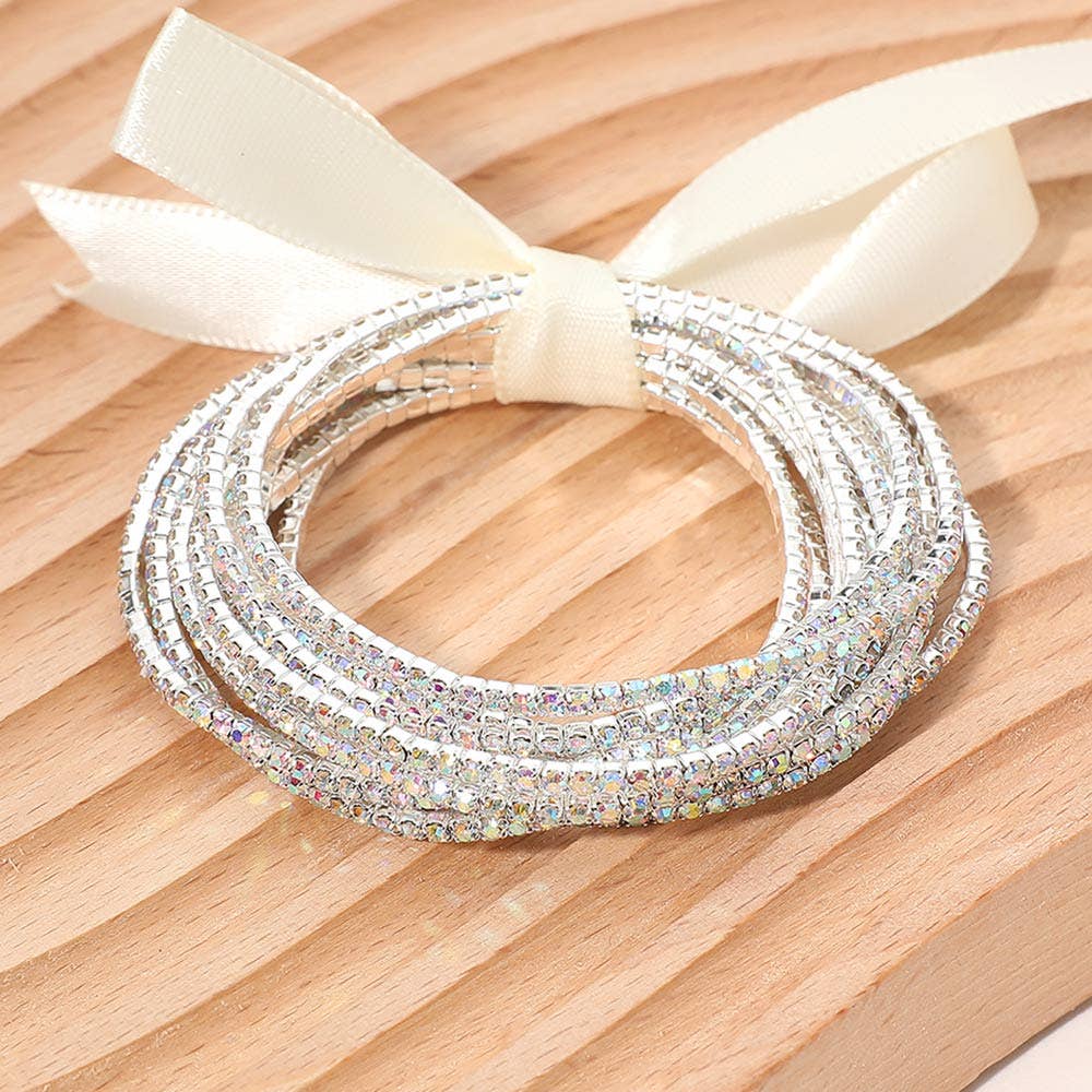 12PCS - Ribbon Slim Rhinestone Stretch Multi Layered Bracelet
