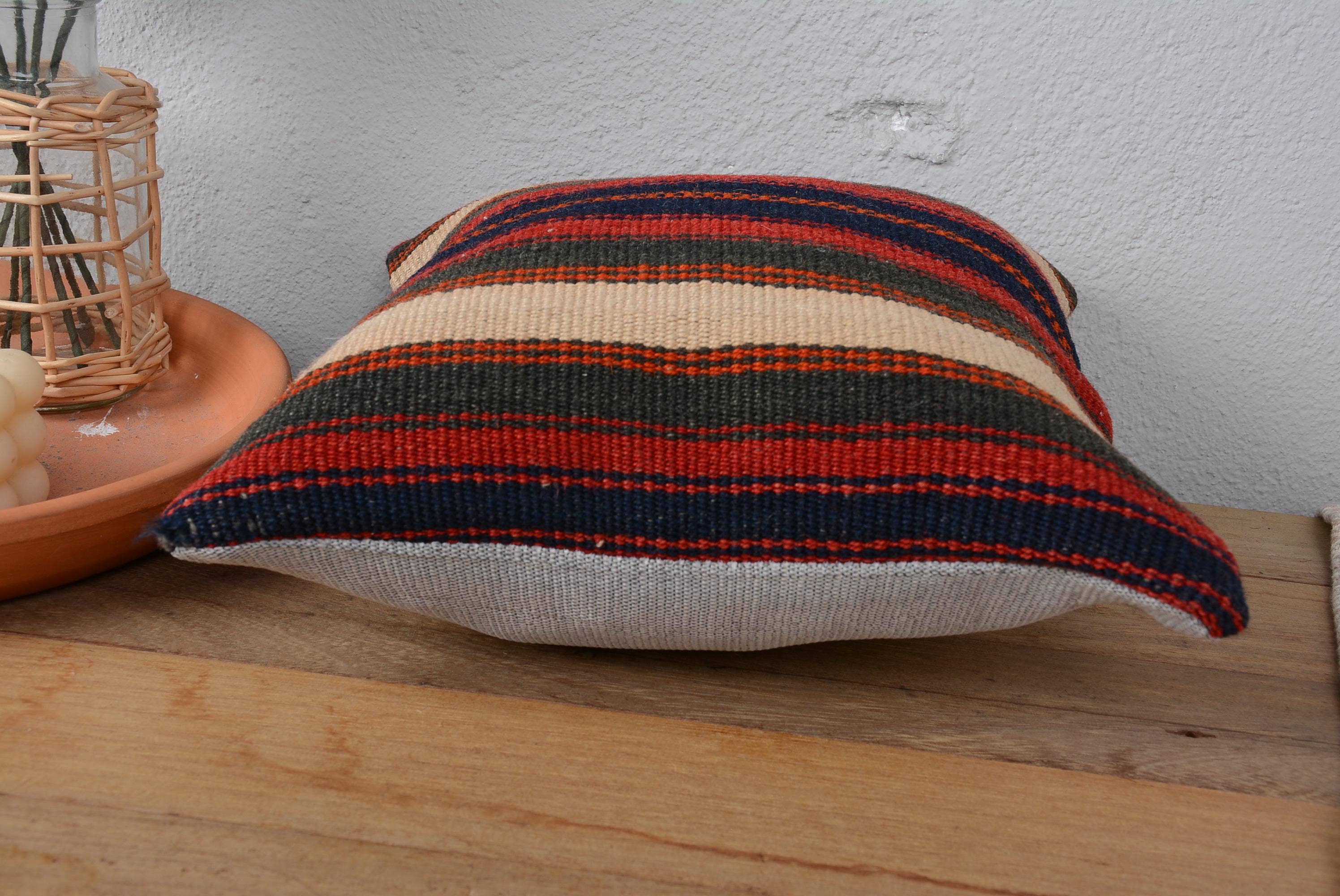 Vintage Turkish Kilim Pillow 12x12 Rustic Striped Red