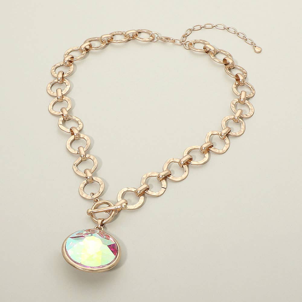 Bold Oval Gemstone Pendant Brushed Metal Chunky Chain Toggle Necklace