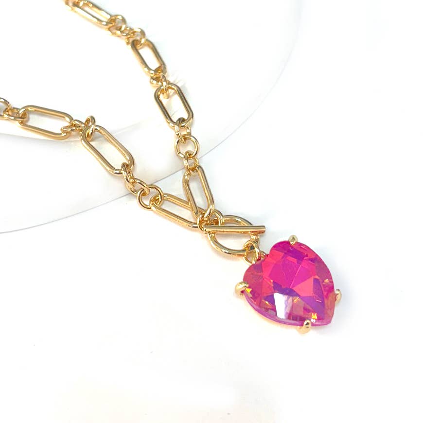 Love Heart Crystal Glass Charm Chain Link Toggle Necklace