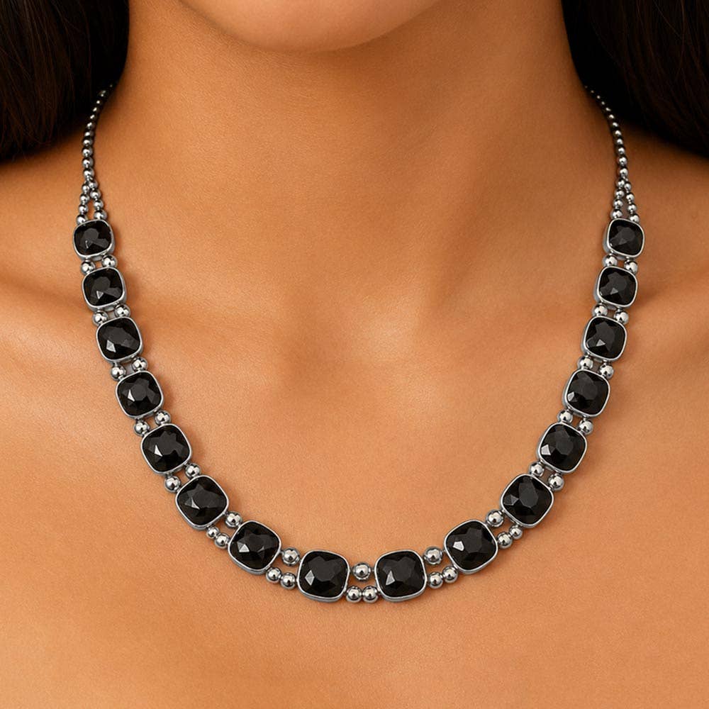 Square Faceted Stone Bezel Link Evening Necklace