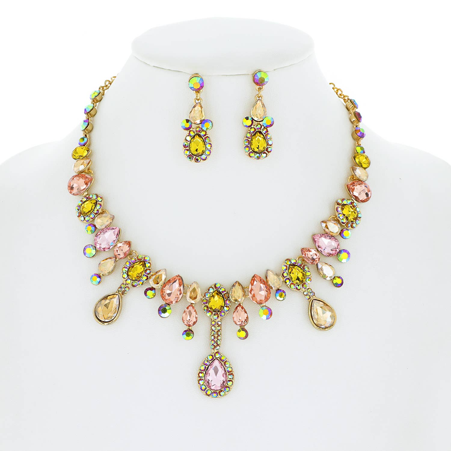Teardrop Crystal Cluster Necklace Earrings Set