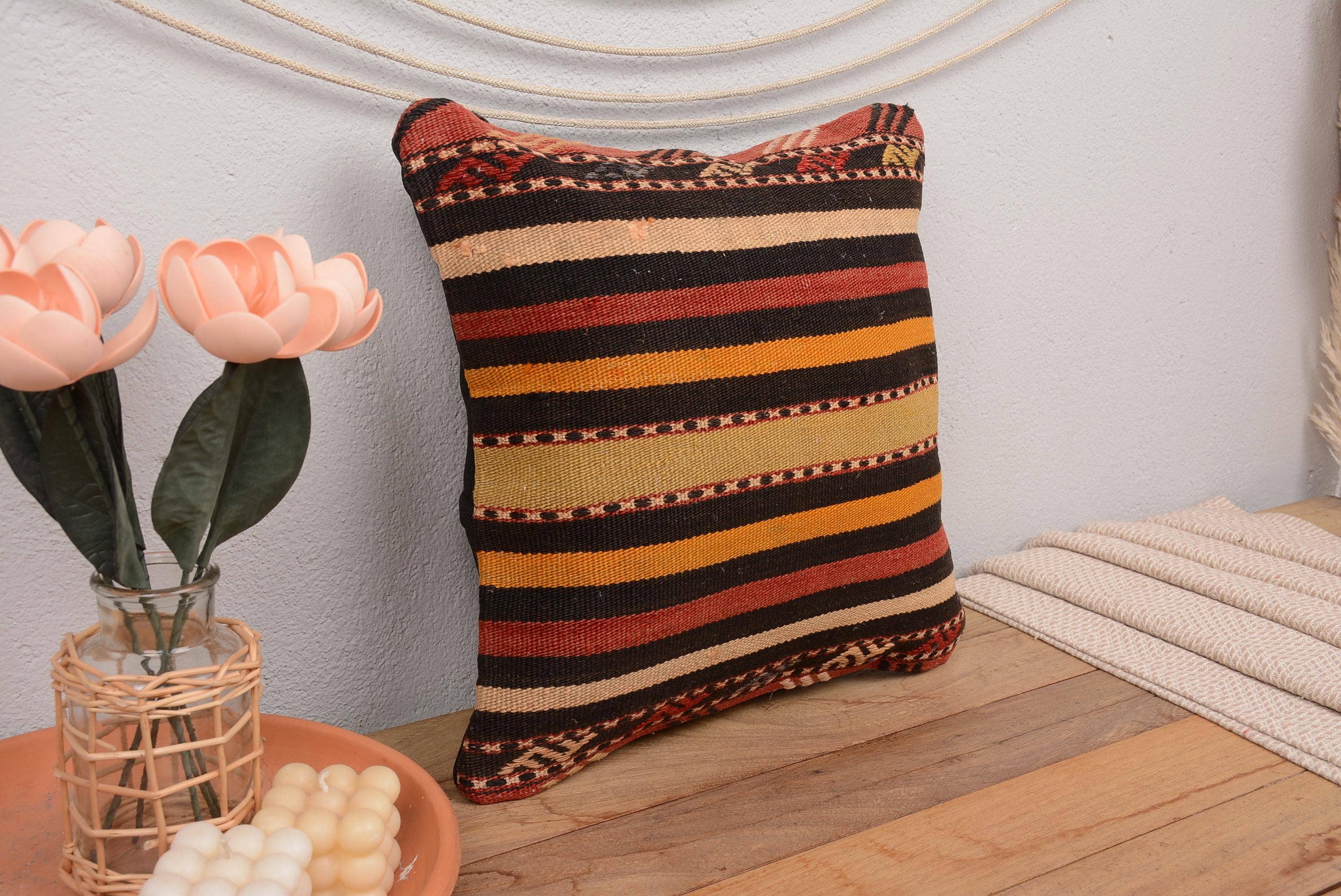 Boho Turkish Kilim Pillow Sham Cover 16x16 Vintage Striped