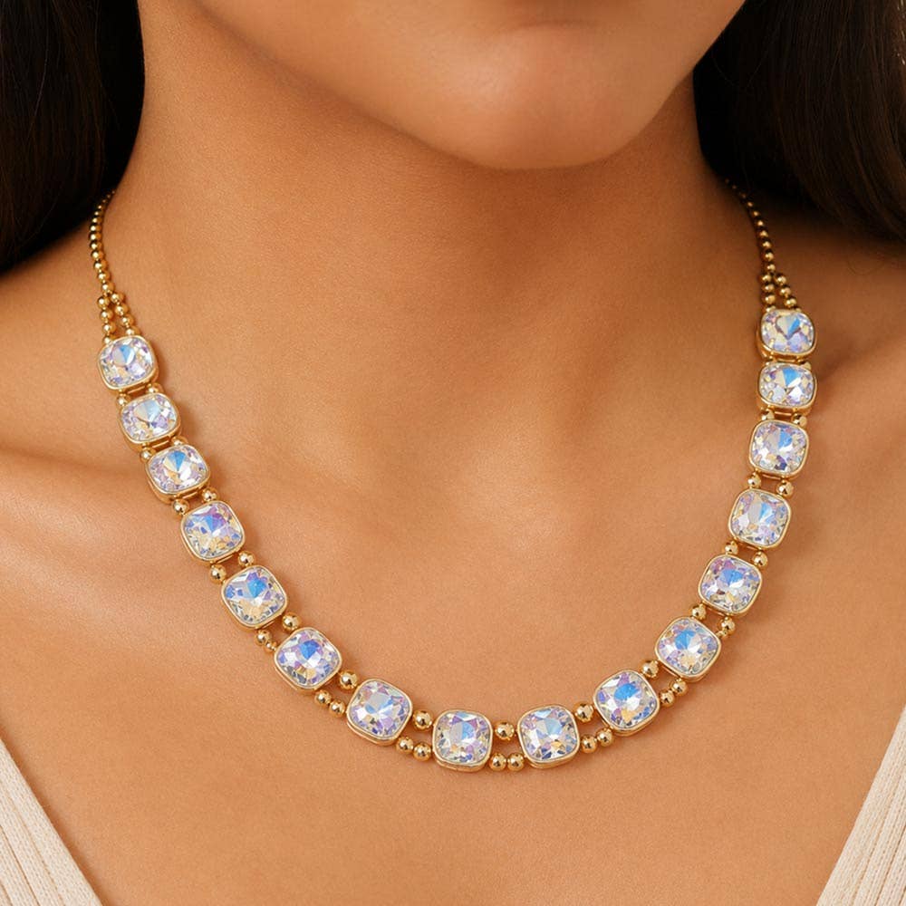 Square Faceted Stone Bezel Link Evening Necklace