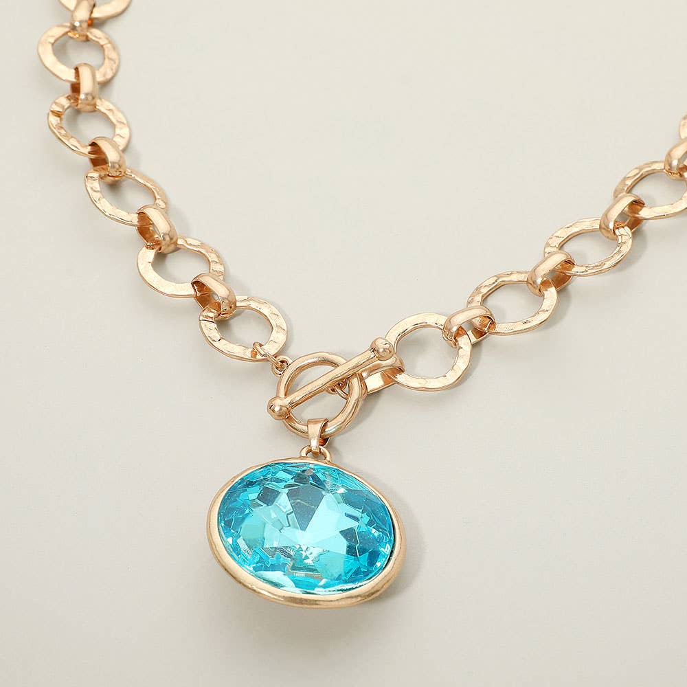 Bold Oval Gemstone Pendant Brushed Metal Chunky Chain Toggle Necklace