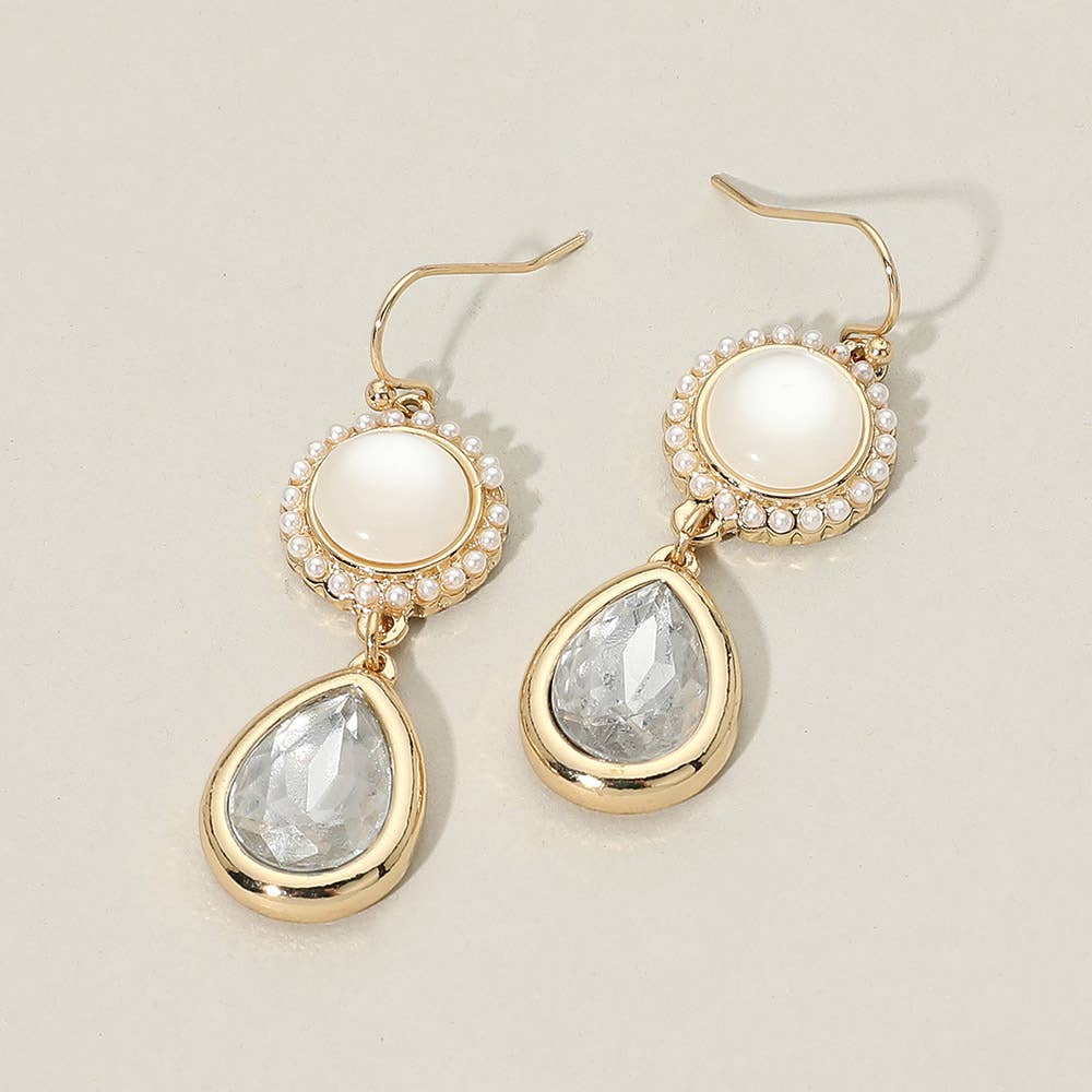 Pearl Trim Round Stone Faceted Teardrop Cluster Link Drop Earrings