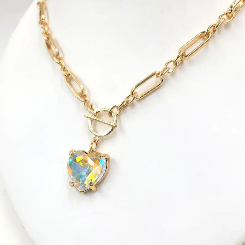 Love Heart Crystal Glass Charm Chain Link Toggle Necklace