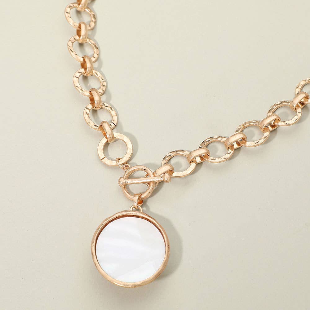 Bold Oval Gemstone Pendant Brushed Metal Chunky Chain Toggle Necklace
