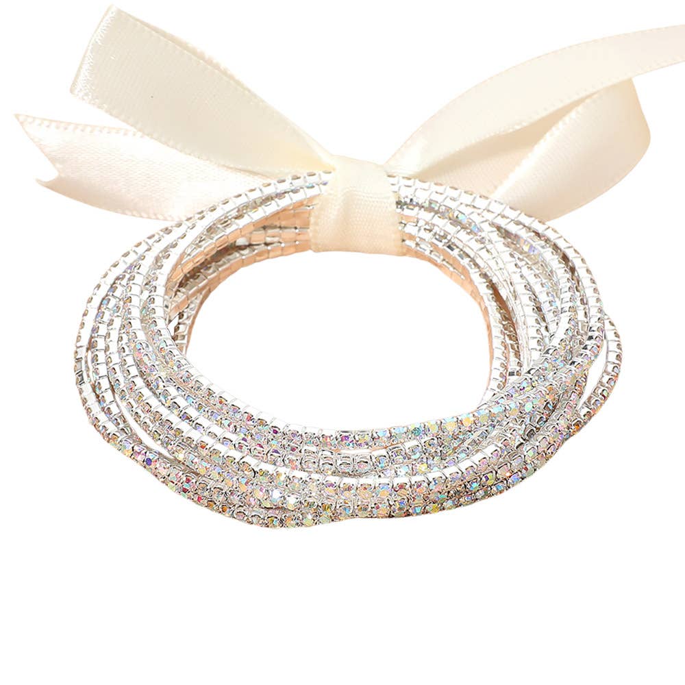 12PCS - Ribbon Slim Rhinestone Stretch Multi Layered Bracelet