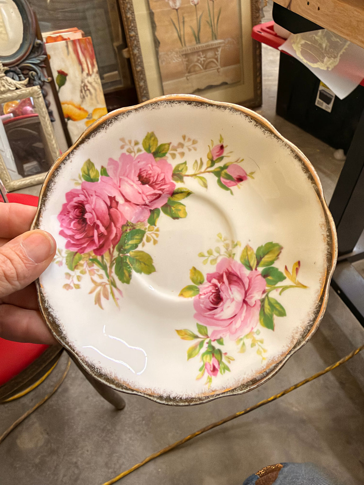 Pink and Green American Beauty Pattern Saucer