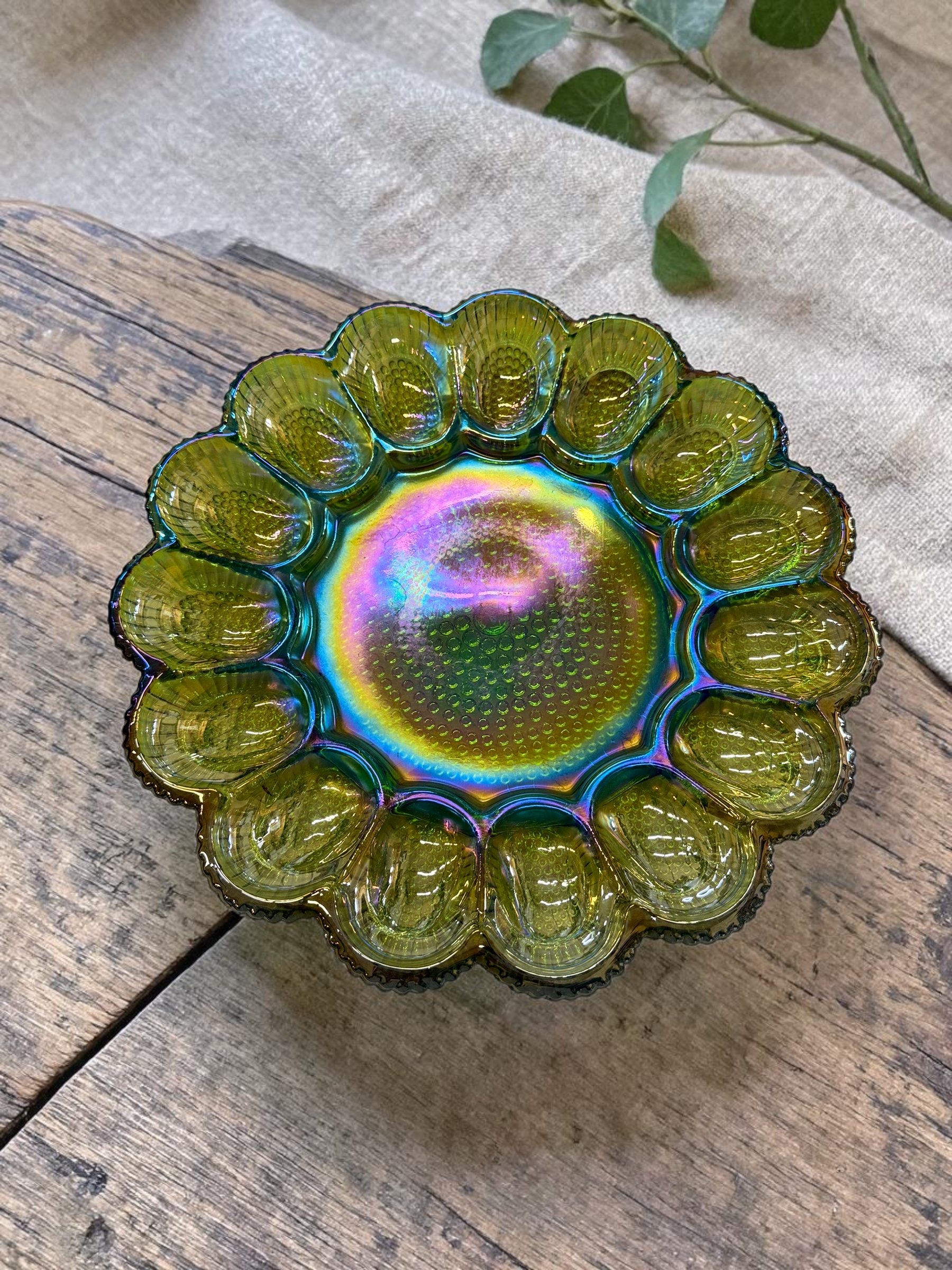 Vintage 1970's Indiana Glass Iridescent Green Carnival Glass Hobnail Egg Plate