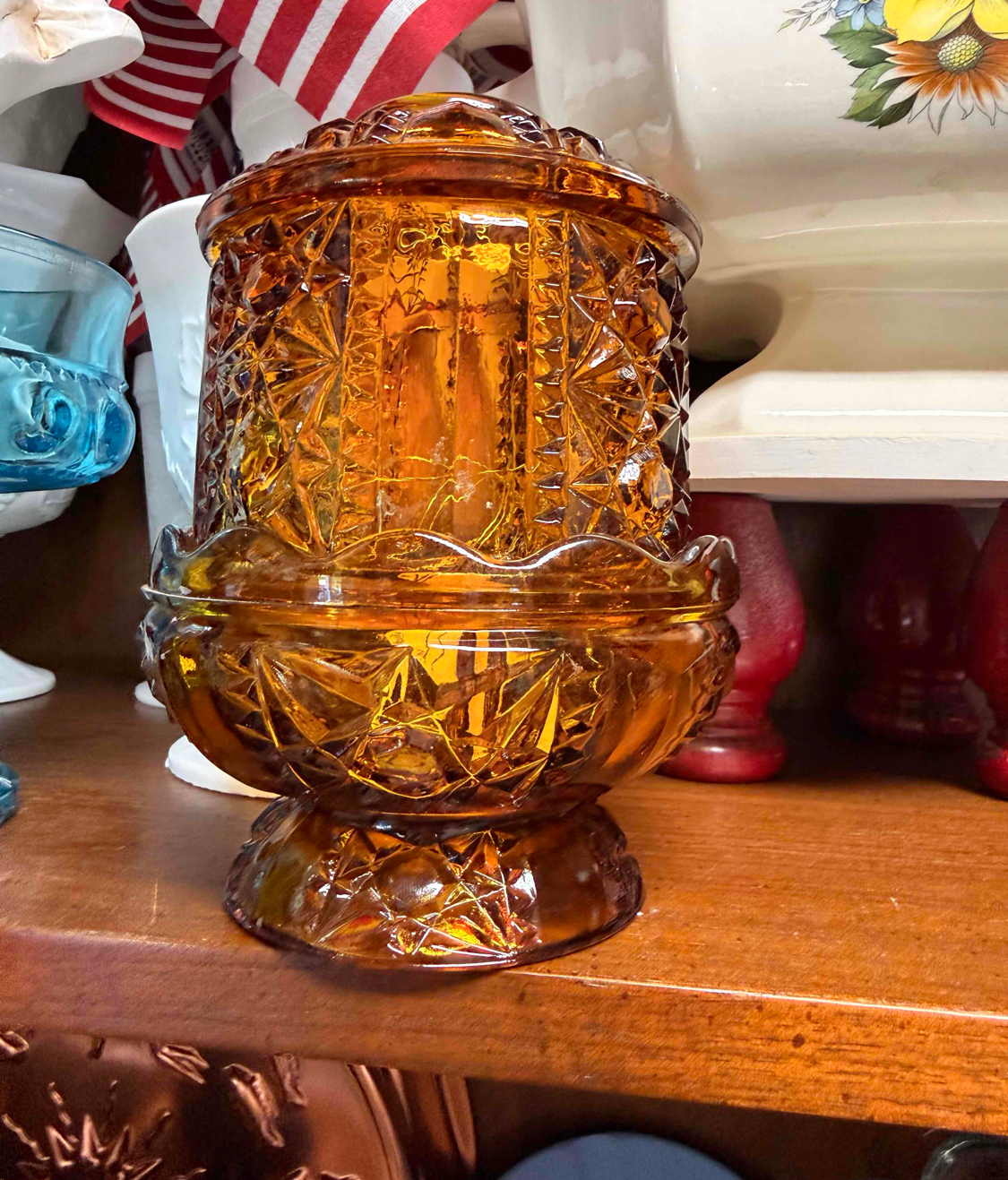 Vintage Amber Stars and Bars Indiana Glass Fairy Lamp