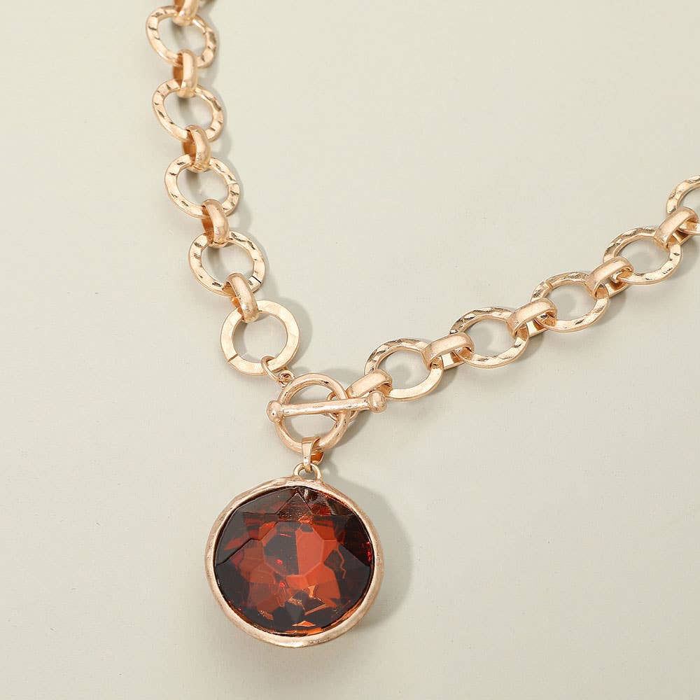 Bold Oval Gemstone Pendant Brushed Metal Chunky Chain Toggle Necklace
