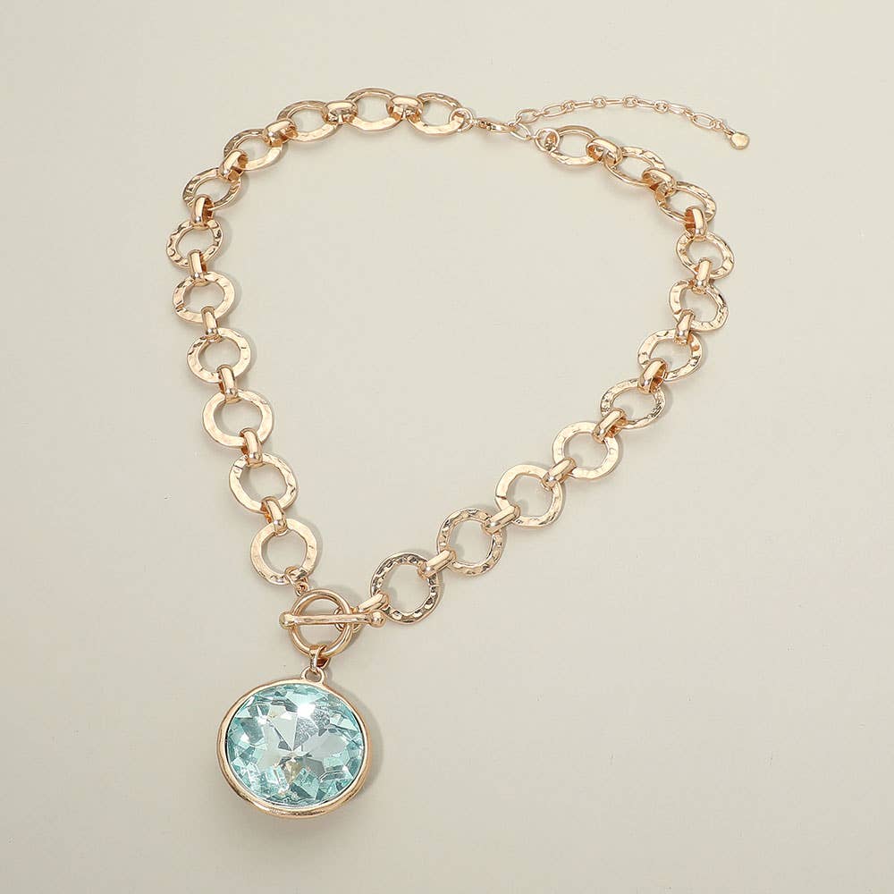 Bold Oval Gemstone Pendant Brushed Metal Chunky Chain Toggle Necklace