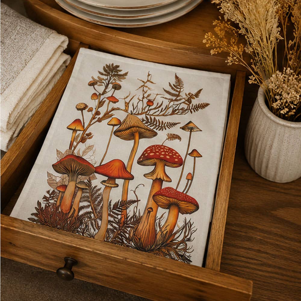 SLT123 - Woodland Mushroom Botanical Flour Sack Tea Towel