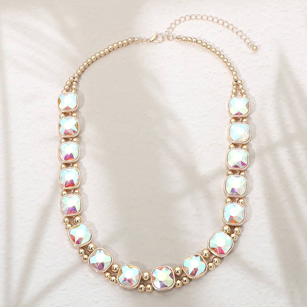 Square Faceted Stone Bezel Link Evening Necklace