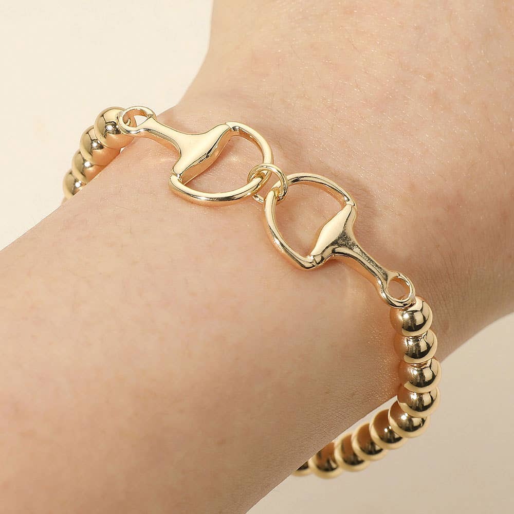 Metal Horsebit Link Accent Ball Beaded Stretch Bracelet
