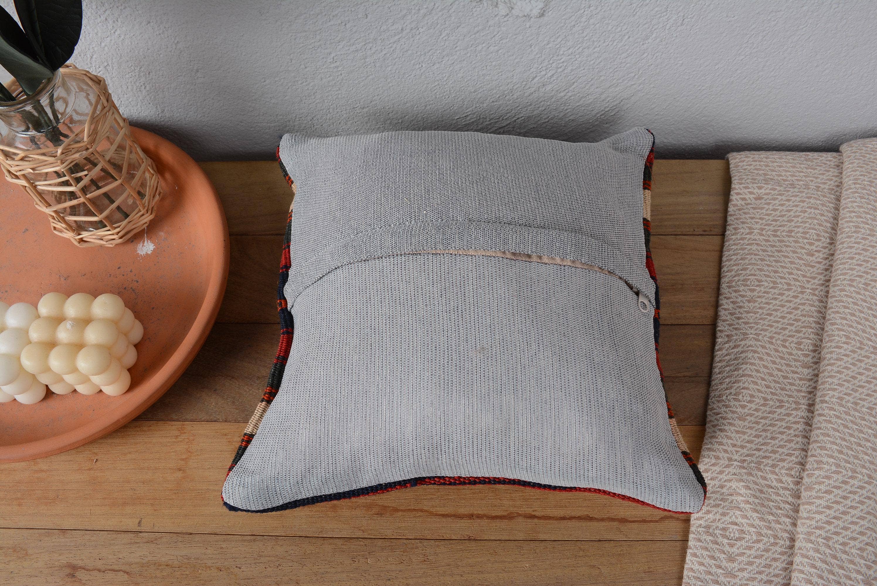 Vintage Turkish Kilim Pillow 12x12 Rustic Striped Red