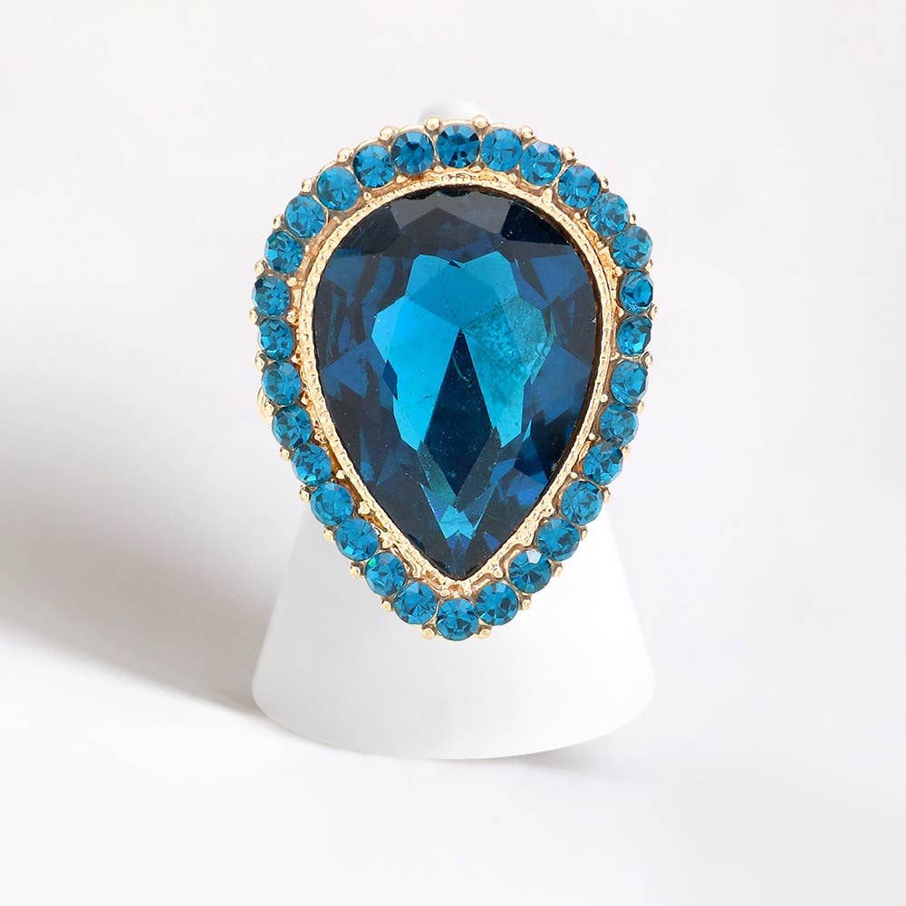 Crystal rhinestone teardrop stretch cocktail ring