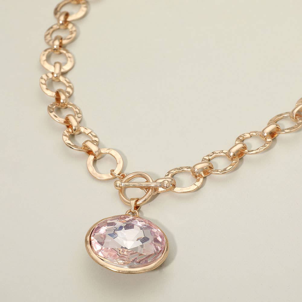 Bold Oval Gemstone Pendant Brushed Metal Chunky Chain Toggle Necklace