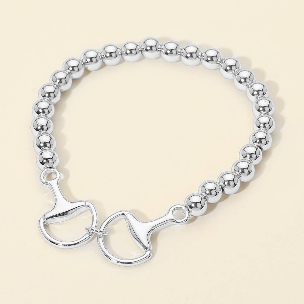 Metal Horsebit Link Accent Ball Beaded Stretch Bracelet
