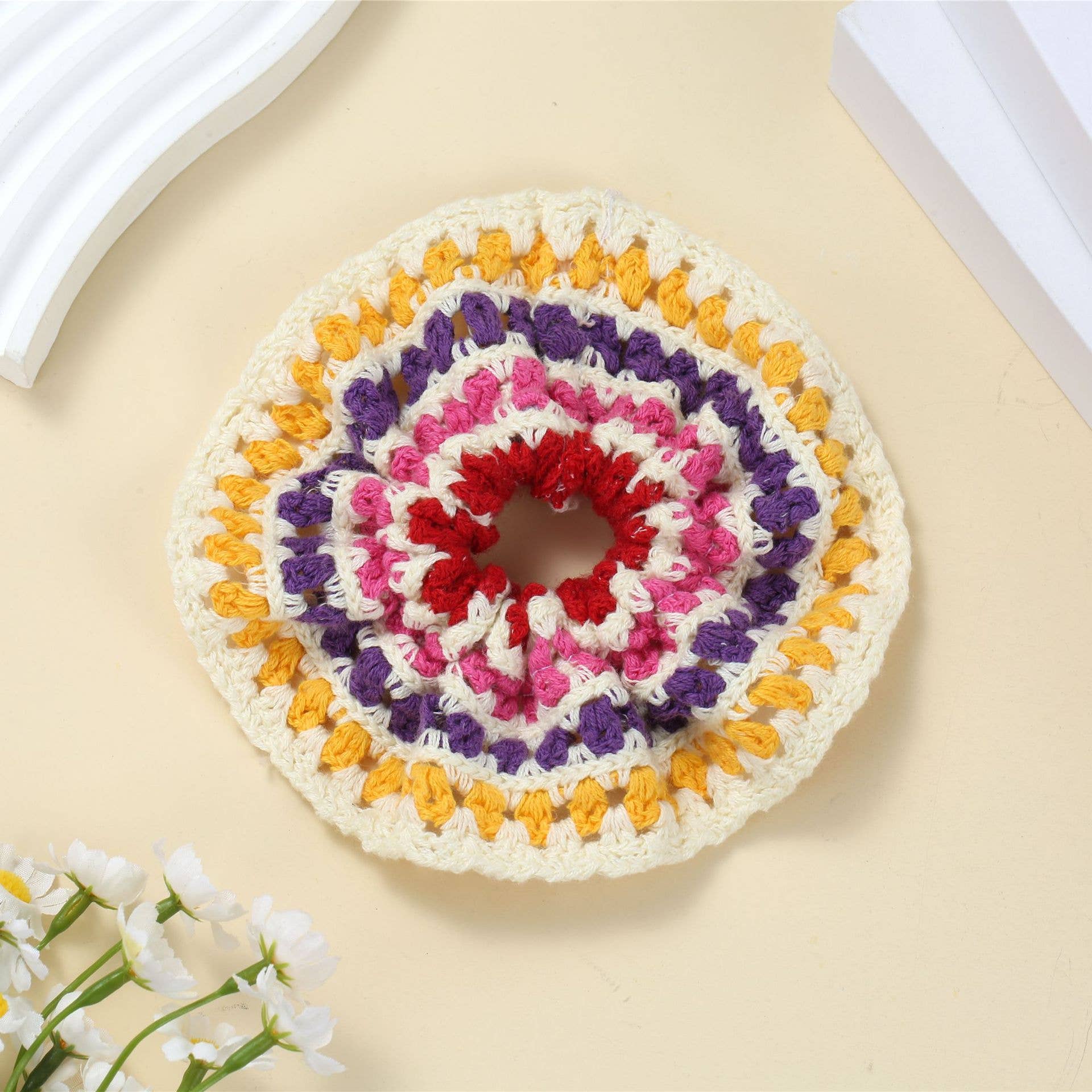 Boho Colorful Handmade Crochet Flower Hair Tie