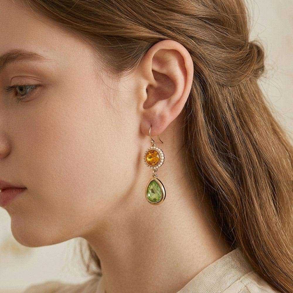 Pearl Trim Round Stone Faceted Teardrop Cluster Link Drop Earrings
