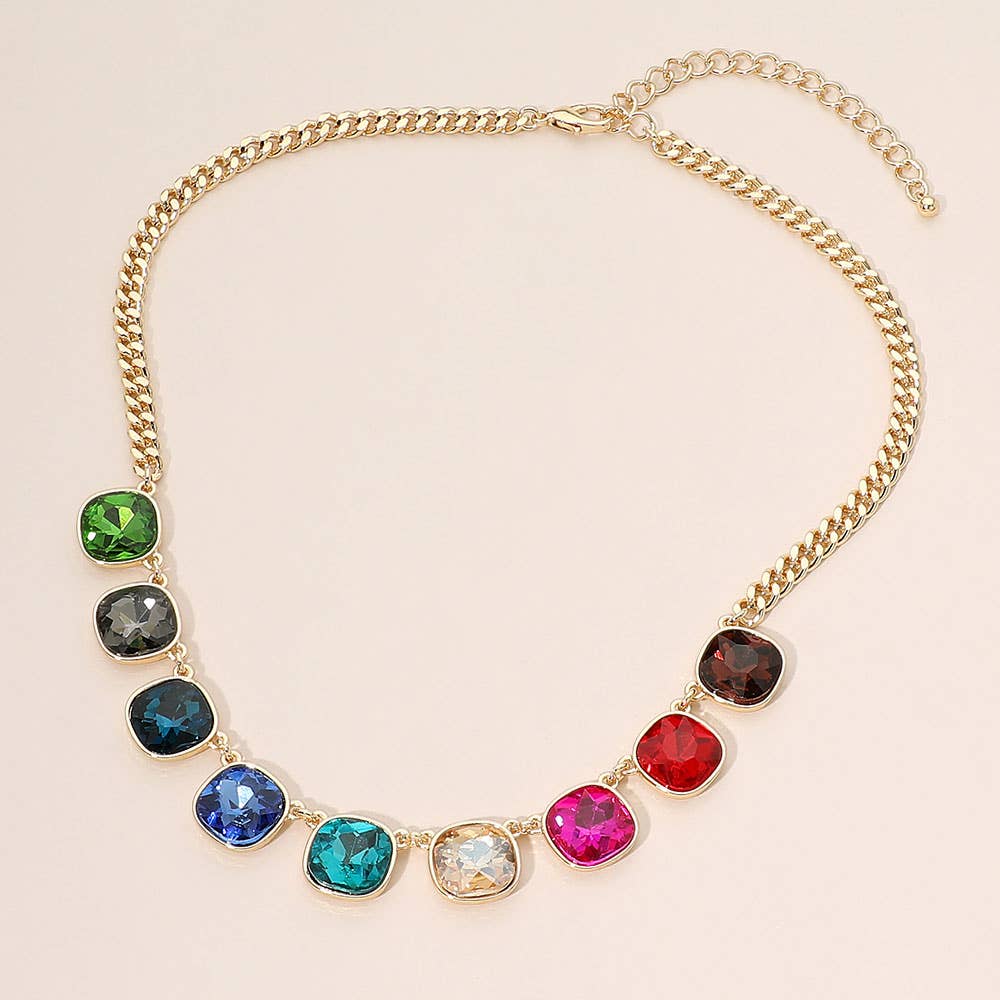Faceted Square Gem Charm Station Necklace