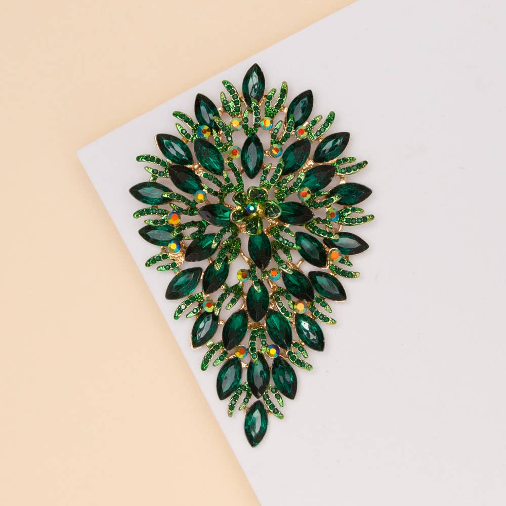 Crystal Rhinestone Cluster Pear Shaped Leaf Brooch Pin