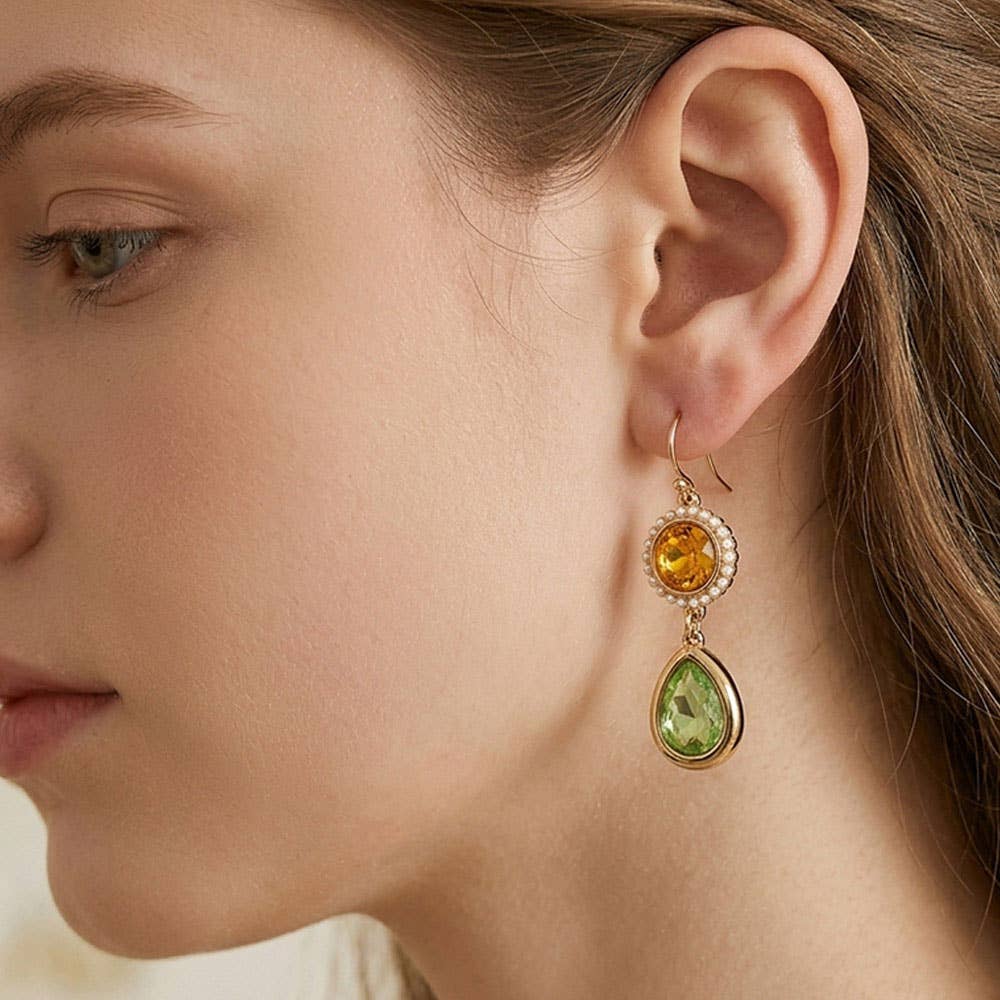 Pearl Trim Round Stone Faceted Teardrop Cluster Link Drop Earrings