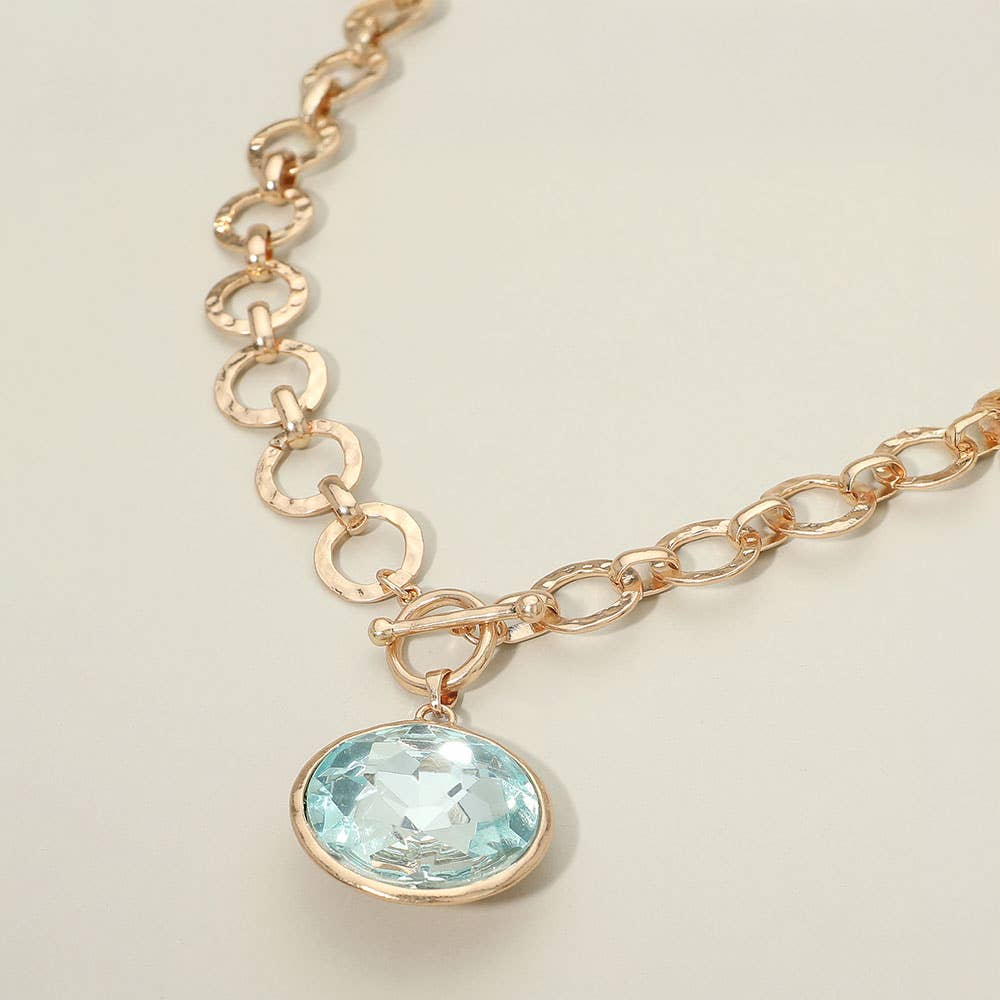 Bold Oval Gemstone Pendant Brushed Metal Chunky Chain Toggle Necklace