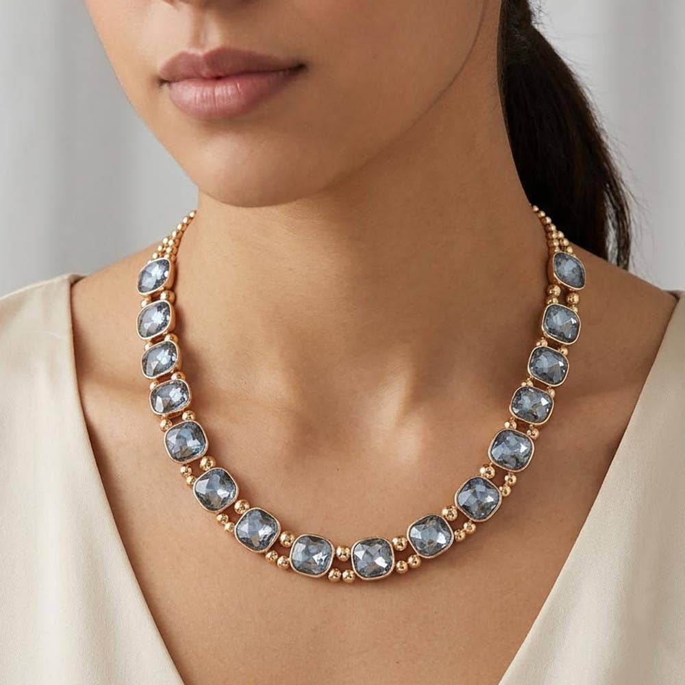 Square Faceted Stone Bezel Link Evening Necklace