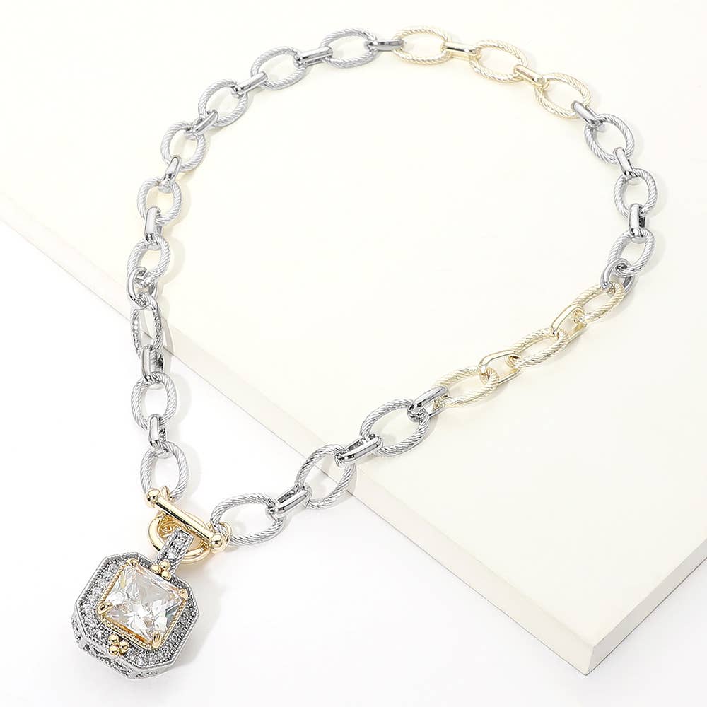 14K Gold Plated Two Tone Chunky Square CZ Pendant Toggle Necklace