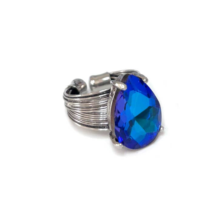 Teardrop Glass Crystal Cocktail Bead Adjustable Wire Ring