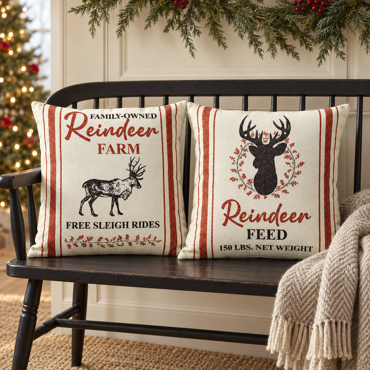 Reindeer Farm Pillow Cover Set of 2 20Lx20W