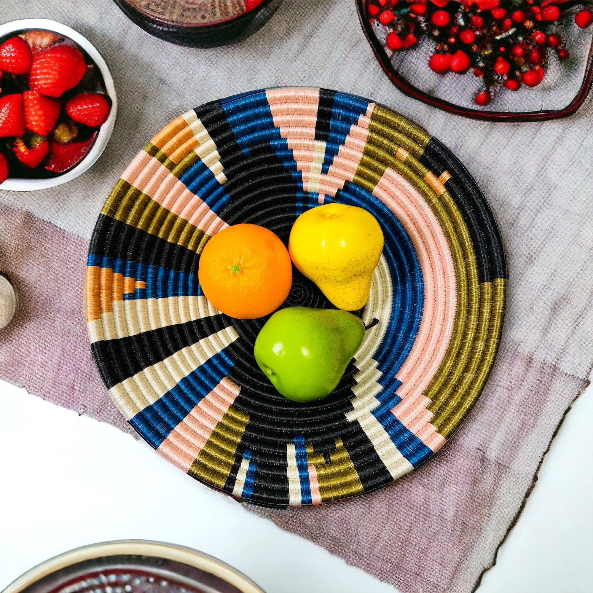 African Basket  Rwanda  Woven Basket Geo Color Plateau