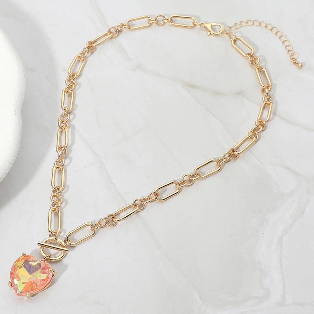 Chunky Heart Stone Cluster Toggle Pendant Necklace