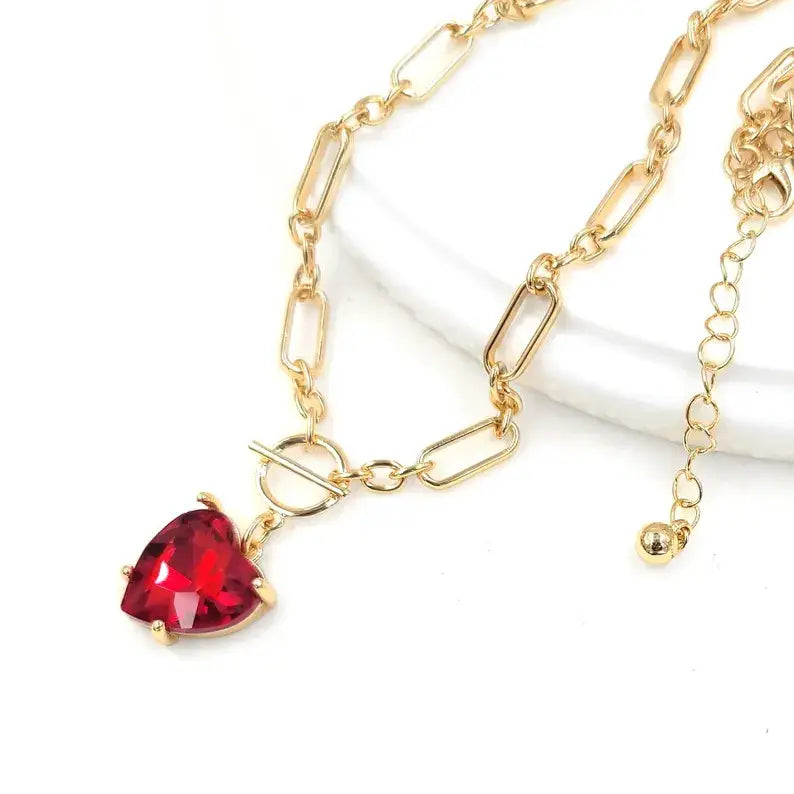 Love Heart Crystal Glass Charm Chain Link Toggle Necklace