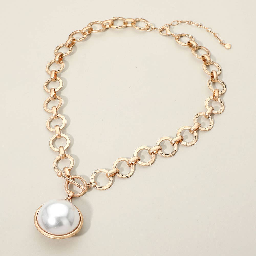 Bold Oval Gemstone Pendant Brushed Metal Chunky Chain Toggle Necklace