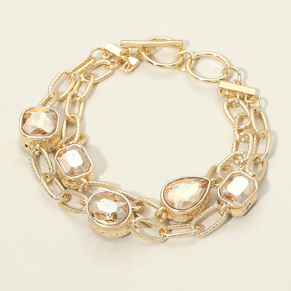 Faceted Oval Teardrop Rectangular Stone Cluster Link Metal Chain Layered Bracelet