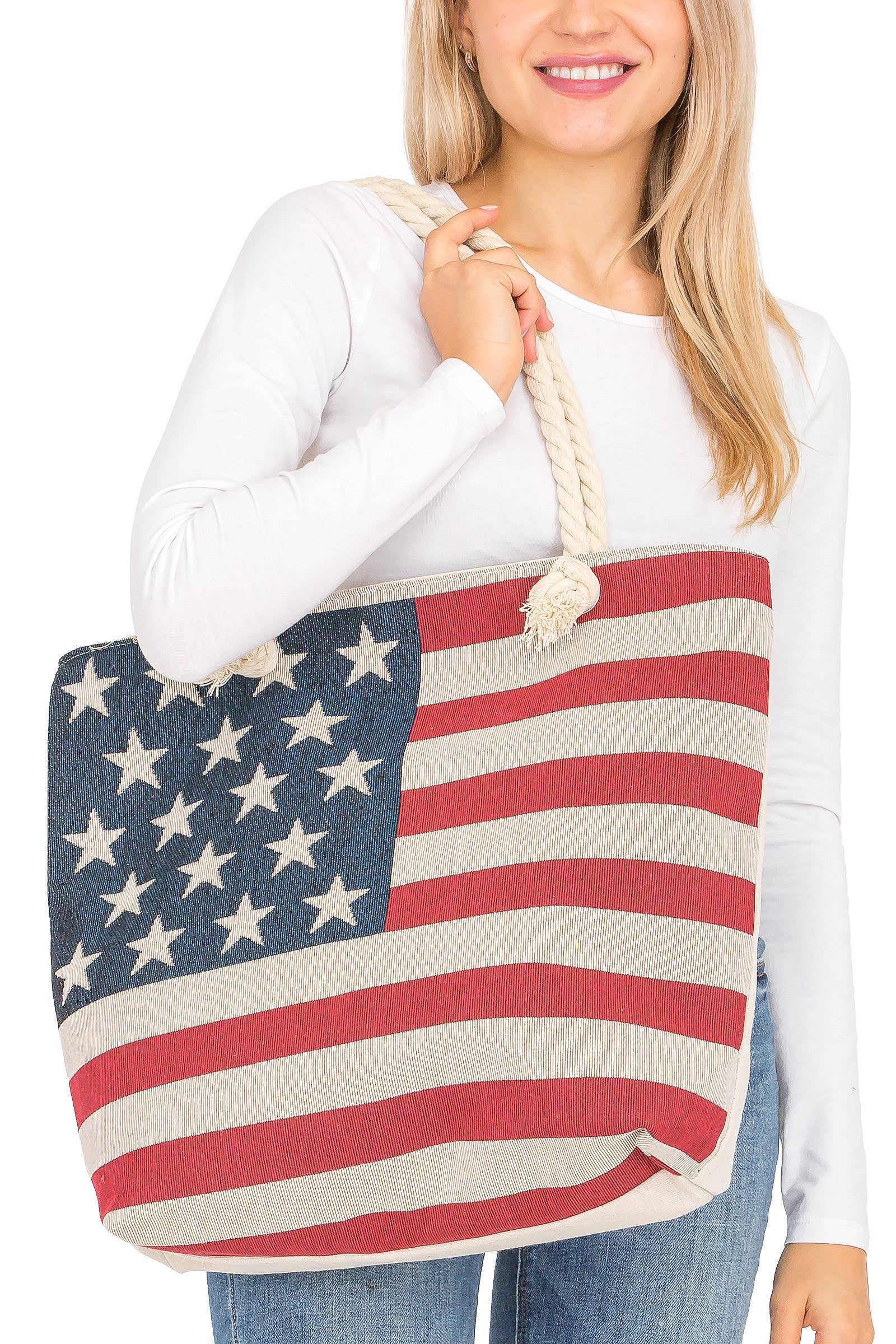 6209. American Flag Zippered Burlap Canvas Tote Bag