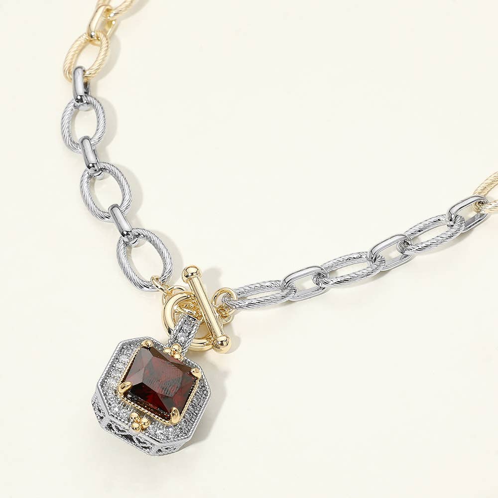 14K Gold Plated Two Tone Chunky Square CZ Pendant Toggle Necklace