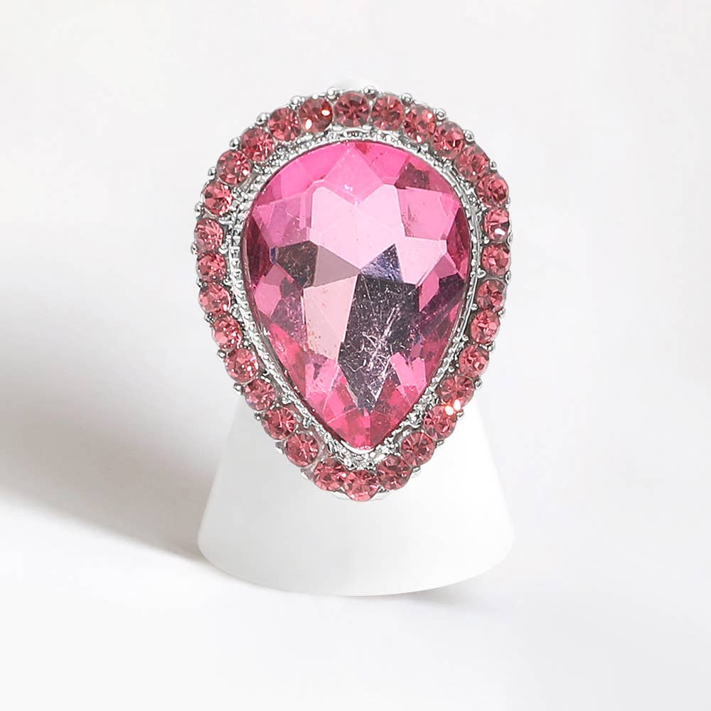 Crystal rhinestone teardrop stretch cocktail ring