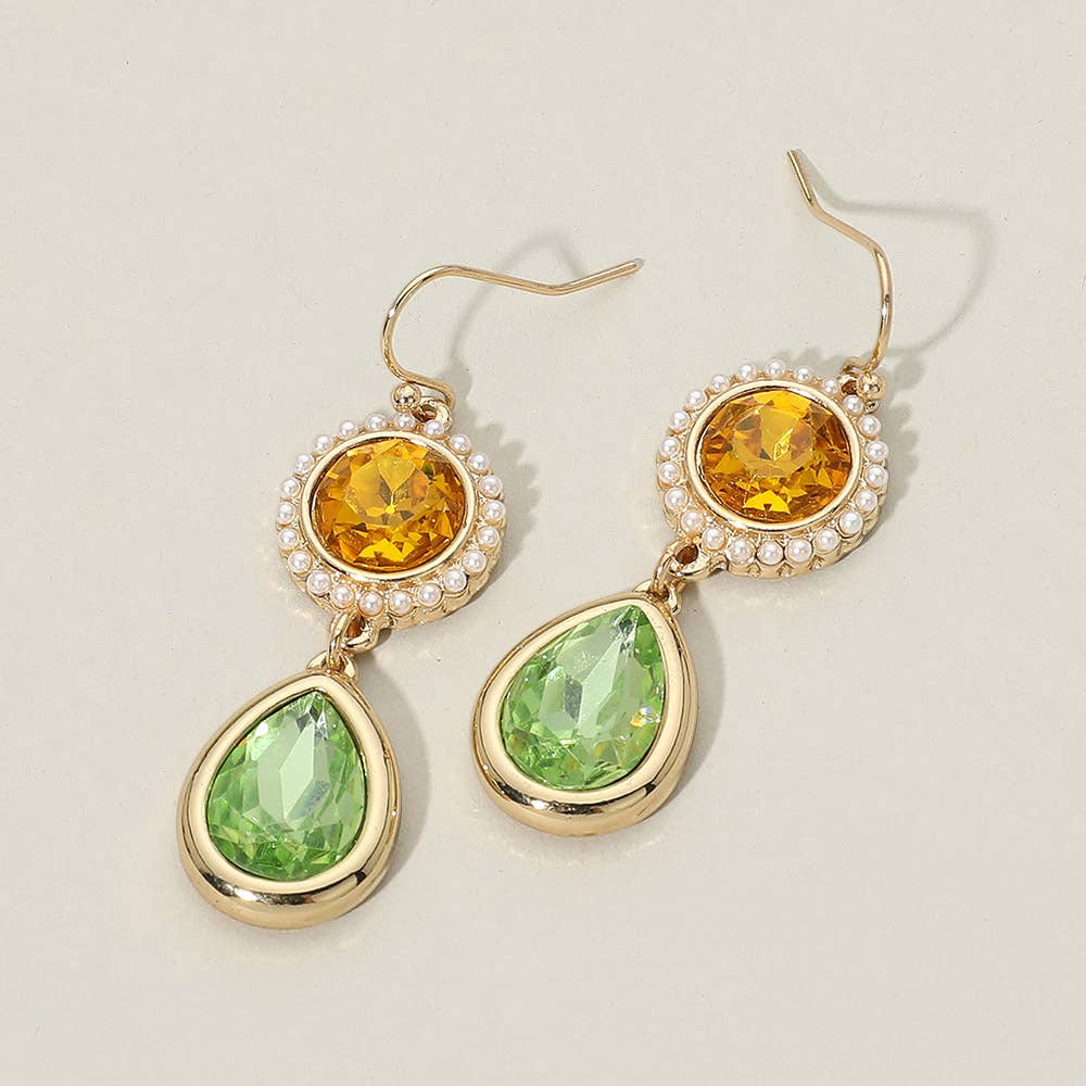 Pearl Trim Round Stone Faceted Teardrop Cluster Link Drop Earrings