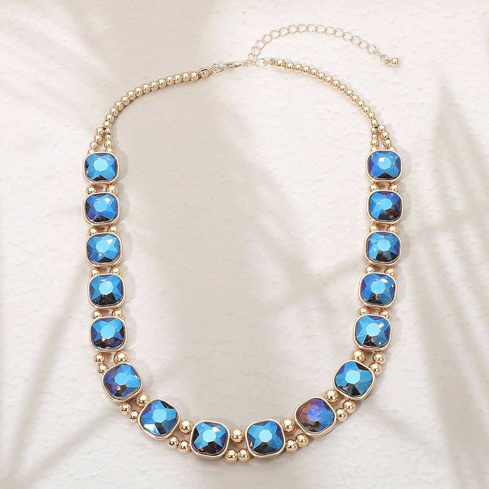 Square Faceted Stone Bezel Link Evening Necklace