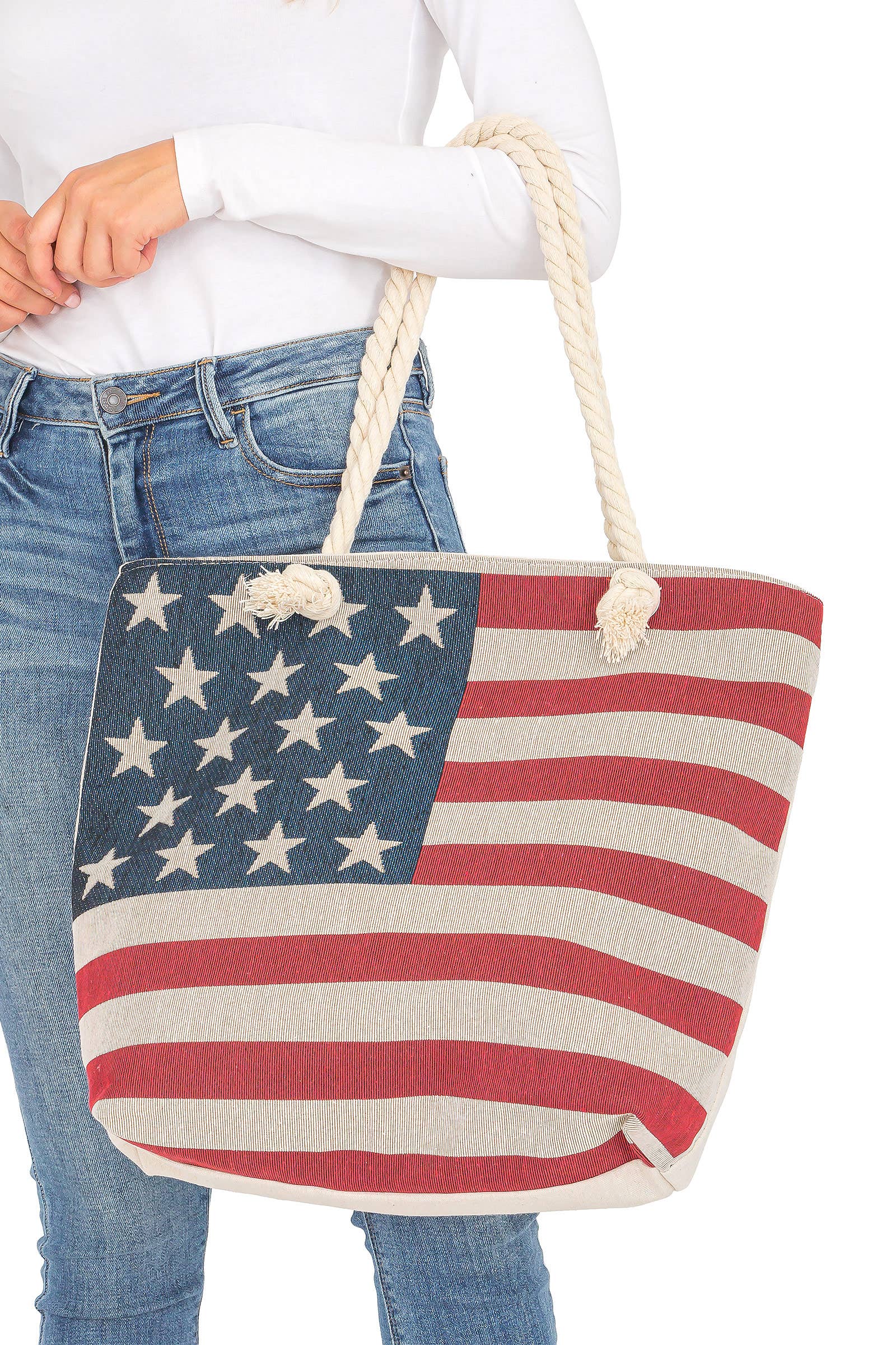 6209. American Flag Zippered Burlap Canvas Tote Bag