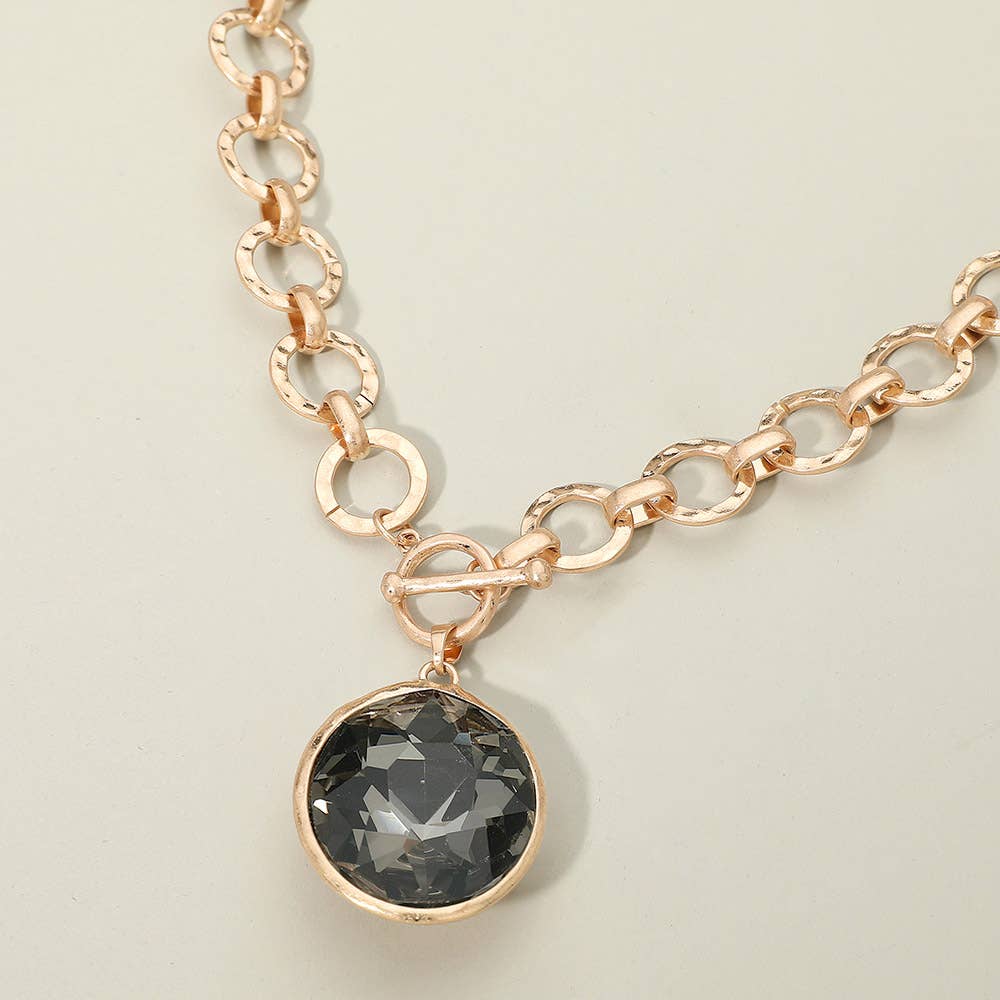 Bold Oval Gemstone Pendant Brushed Metal Chunky Chain Toggle Necklace