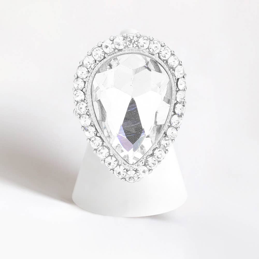 Crystal rhinestone teardrop stretch cocktail ring