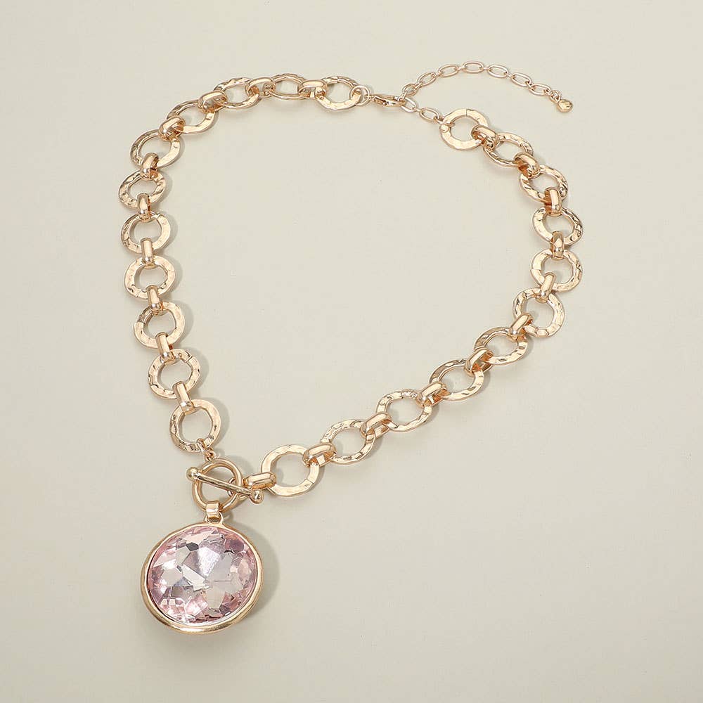 Bold Oval Gemstone Pendant Brushed Metal Chunky Chain Toggle Necklace