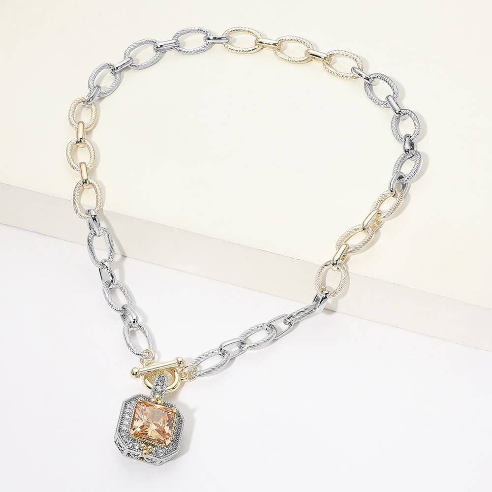 14K Gold Plated Two Tone Chunky Square CZ Pendant Toggle Necklace